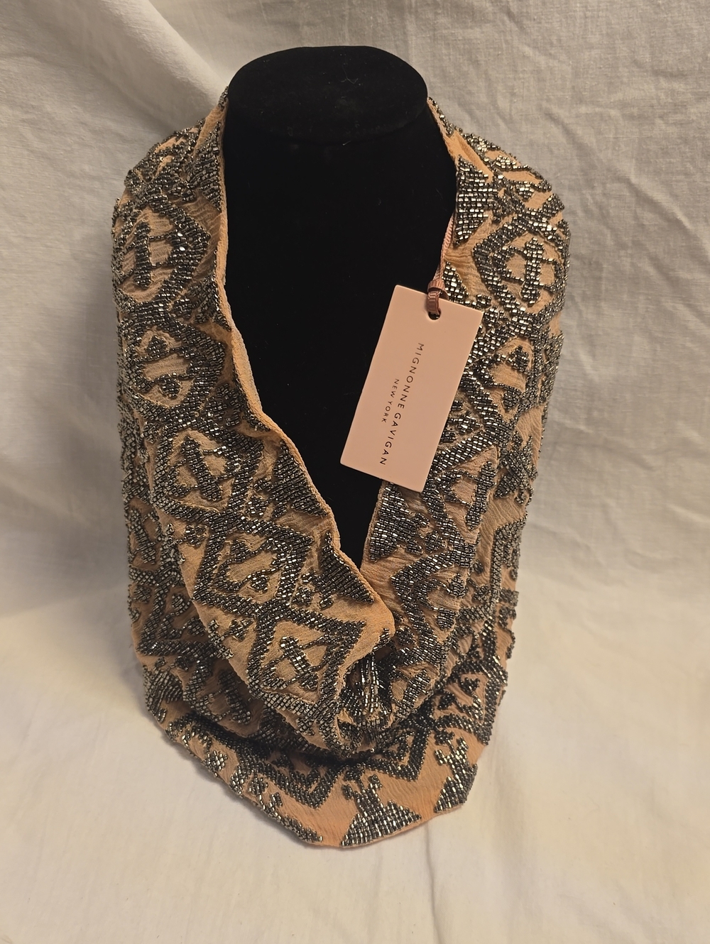 Mignonne Gavigan Beige Infinity Scarf with Metallic Silver Beadwork